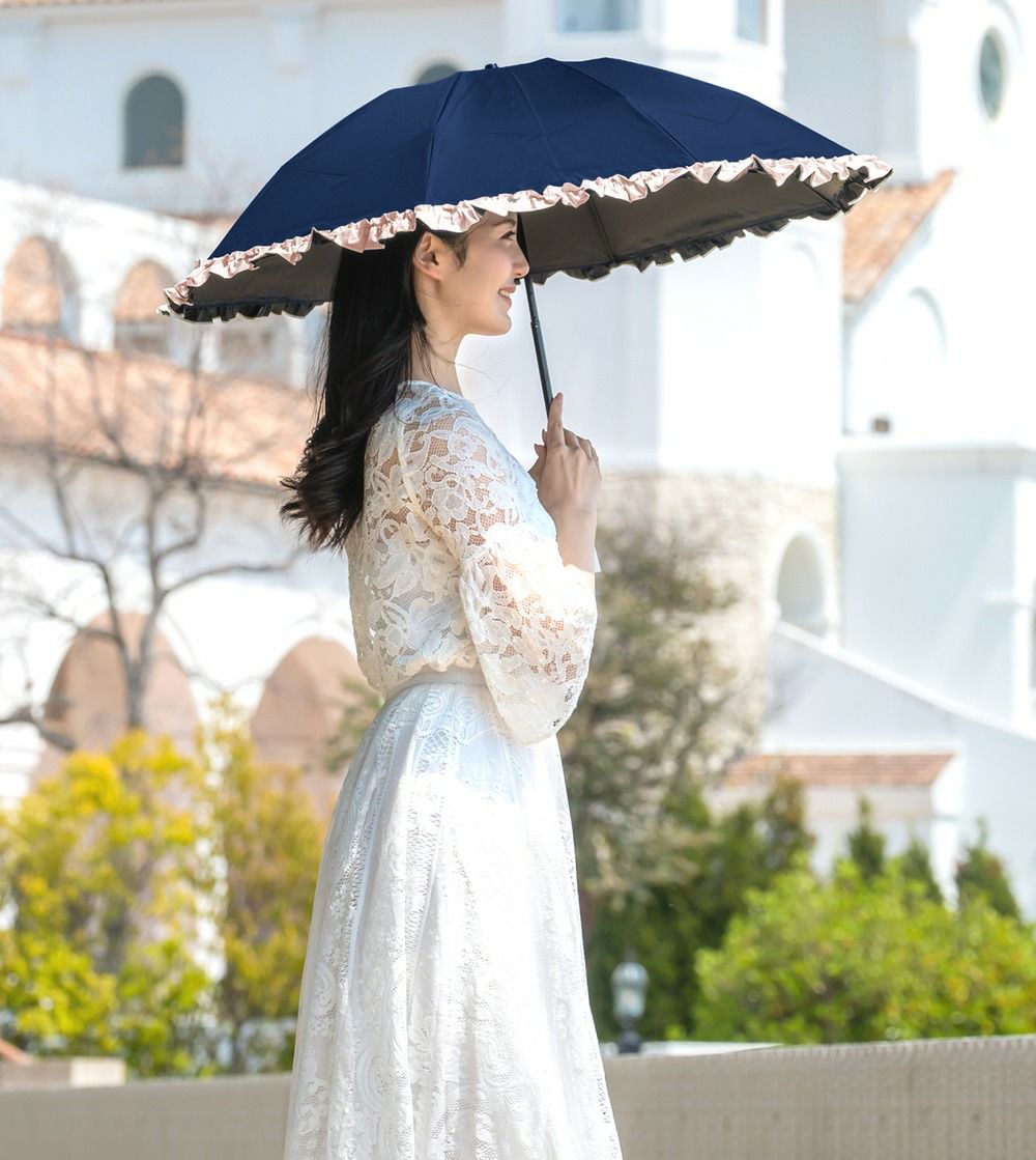 神戸ロサブラン 3段折り畳み日傘 フリル ネイビー×ピンク 美品 3段折り フリル | 芦屋ロサブラン