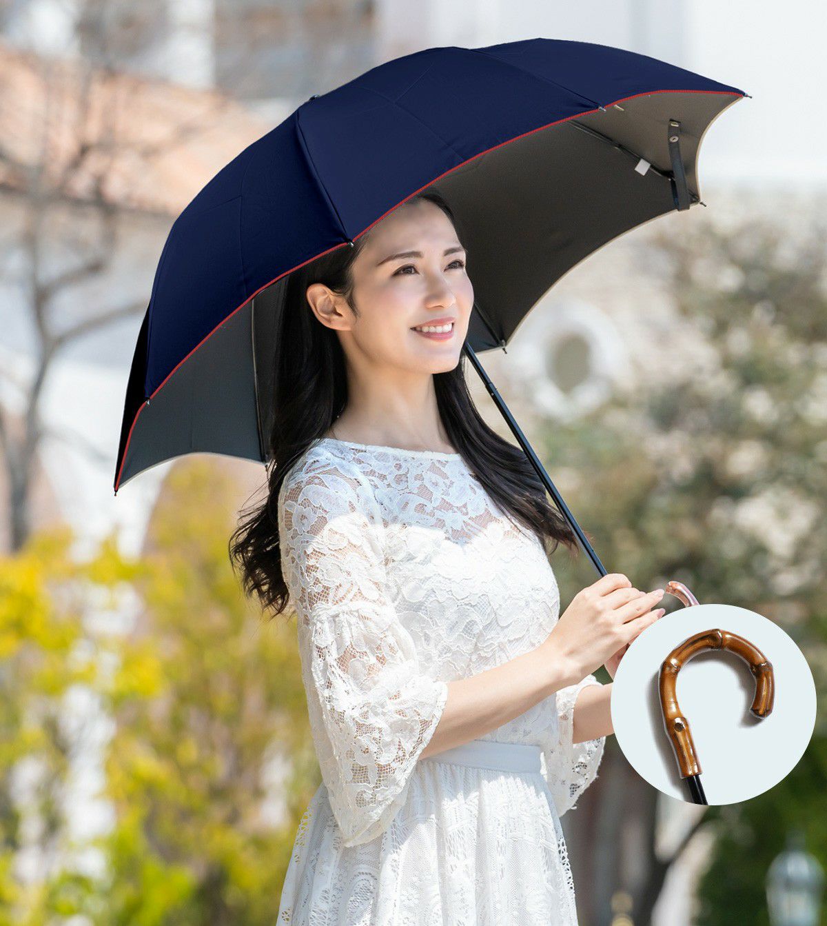 【新品未使用】ロサブラン　２段ショート　曲がり竹手元　ネイビー×アイボリー 2段折り プレーン 曲がり竹手元 | 芦屋ロサブラン